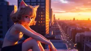 Cute Catgirl Relaxing On Rooftop