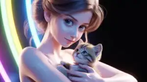 Cute Manga Girl Holding a Small Cat
