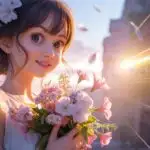 Cute Manga Girl Holding Flowers in Morning Light