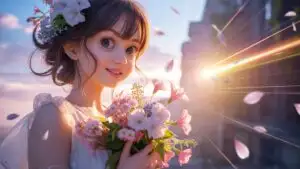 Cute Manga Girl Holding Flowers in Morning Light