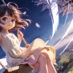 Cute Manga Girl Sitting on Swing in Gentle Wind
