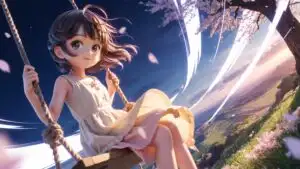 Cute Manga Girl Sitting on Swing in Gentle Wind