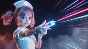 Cute Nurse Girl With Neon Syringe