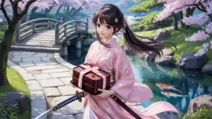 Cute Samurai Girl Carrying Bento Box