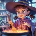 Cute Witch Apprentice Mixing Potions