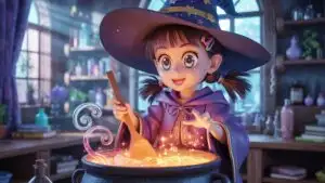 Cute Witch Apprentice Mixing Potions