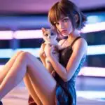 Cyberpunk Anime Girl Holding a Kitten