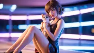 Cyberpunk Anime Girl Holding a Kitten