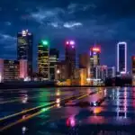 Dallas Skyline Reflections on Wet Night Road