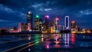 Dallas Skyline Reflections on Wet Night Road