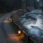 Dark River Path With Faint Lights