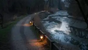 Dark River Path With Faint Lights
