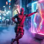 Deadpool Leaning on Neon Holo Billboard