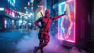 Deadpool Leaning on Neon Holo Billboard