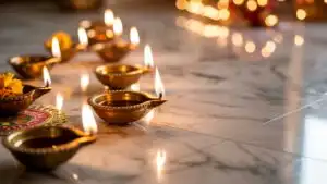 Diwali Diyas on Marble Floor With Warm Glow
