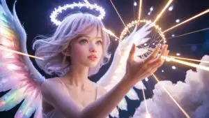 Dreamy Anime Angel Floating in Pastel Clouds