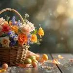 Easter Basket With Flowers and Bright Ribbons