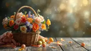 Easter Basket With Flowers and Bright Ribbons