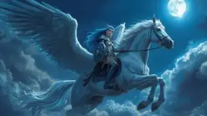Epic Valkyrie on Winged Horse Under Full Moon
