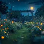 Fireflies in Summer Garden at Night