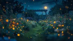 Fireflies in Summer Garden at Night