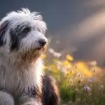 Fluffy Sheepdog Sitting in Flowers