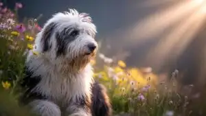 Fluffy Sheepdog Sitting in Flowers