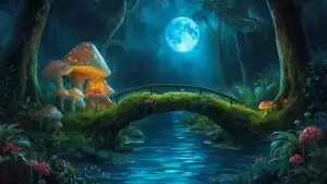 Forest Bridge With Glowing Mushrooms