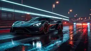 Futuristic Supercar Racing Through Neon City at Night