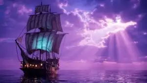 Ghost Ship Sailing Under Purple Sky