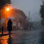 Girl Holding Umbrella Under Orange Street Light