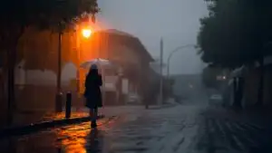Girl Holding Umbrella Under Orange Street Light