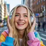 Girl Wearing Hoodie Listening Music Headphones