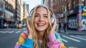 Girl Wearing Hoodie Listening Music Headphones