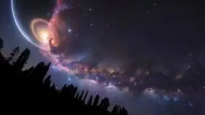 Glowing Nebula Behind Silhouette Trees