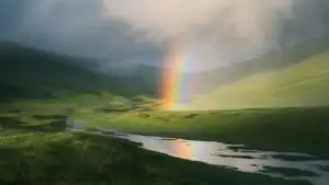 Green Valley Under Bright Rainbow
