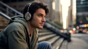 Guy Sitting on Stairs Listening to Music