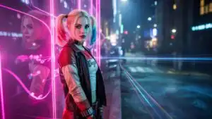 Harley Quinn Standing in Pink Hologram Lights