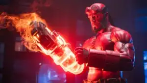 Hellboy Holding Fiery Tech Gauntlet