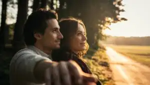 Holding Hands While Walking Through Forest Path