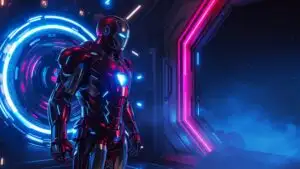Iron Man Preparing Suit Boost in Blue Tech Bay