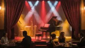 Jazz Club Stage Lighting Red Velvet Curtain Retro
