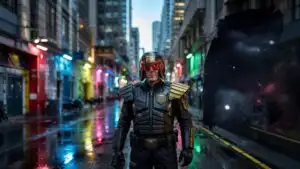 Judge Dredd Under Neon Law Enforcement Lights