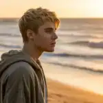 Justin Bieber Walking Along the Beach at Dusk