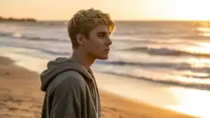 Justin Bieber Walking Along the Beach at Dusk