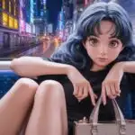 Lonely Anime Girl Sitting on Train at Night Cityscape