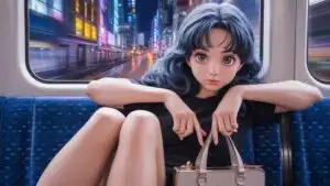 Lonely Anime Girl Sitting on Train at Night Cityscape