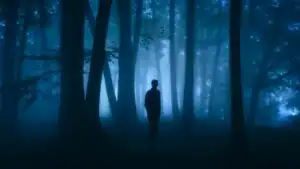 Lonely Man Silhouette Standing In Fog