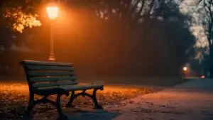 Lonely Park Bench Under Orange Light