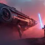 Luke Skywalker Holding Blue Lightsaber at Dawn